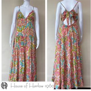 House of Harlow 1960 Floral Maxi Open Back Dress Cotton Revolve Boho Tiered Tie